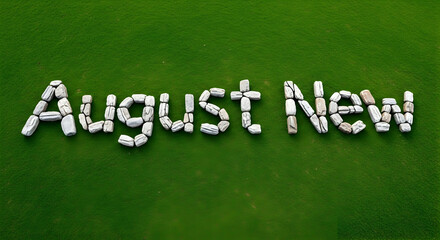 The words "August New" are creatively spelled out using small, light-colored stones. They are set against a backdrop of lush, green grass, highlighting the natural and artistic composition.