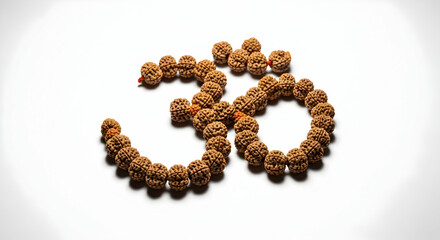 Om Symbol Formation With Rudraksha Beads on Clean White Background, Promoting Spirituality and Meditation A close-up shot shows rudraksha beads