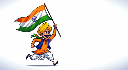 A cartoon figure in traditional Indian clothing runs joyfully, waving the Indian flag. He is depicted with a turban and mustache, radiating patriotism and energy in this celebratory illustration.