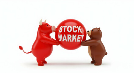 A 3D rendered image depicts a red bull and a brown bear holding a red sphere with the words "STOCK MARKET" on it. They are standing on a white surface, against a white background.