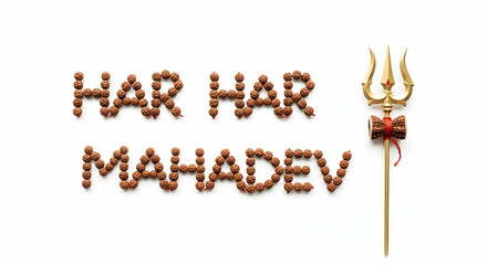 The image features the phrase "Har Har Mahadev" spelled out in rudraksha beads, accompanied by Shiva's golden trident, conveying a sense of devotion and spirituality in a clean, minimalist setting.