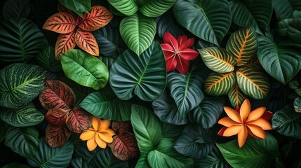 Naklejka premium A vibrant mix of tropical leaves in greens and bright colors forms a stunning natural tapestry