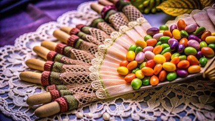 Vintage Halloween sweets displayed on lace with colorful candies  