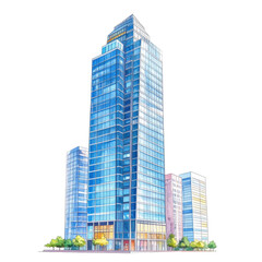 Blue Glass Skyscraper in City Watercolor Illustration