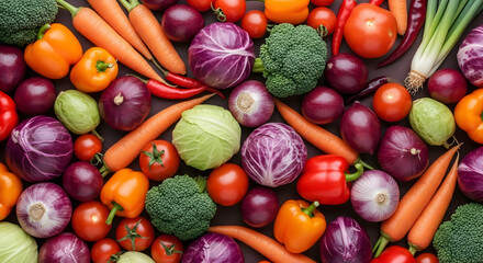 Vibrant Array of Fresh Vegetables on Dark Surface Displaying Natural Colors and Textures A colorful assortment of fresh vegetables, including
