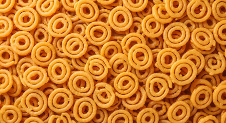 This image showcases a heap of spiral-shaped murukku, a traditional South Indian snack. The murukku appear golden-brown and are arranged closely together, creating a dense and inviting pattern.