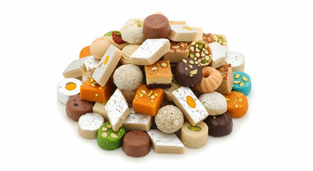 A vibrant assortment of traditional Indian sweets, including barfi, laddu, and other colorful desserts. The photo emphasizes the variety, shapes, and textures, set against a clean white background.