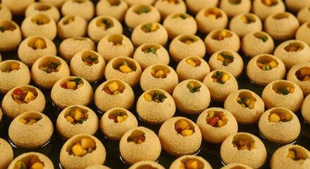 A Plethora of Panipuri: A Culinary Delight of Indian Street Food This image showcases a dense arrangement of panipuri, a