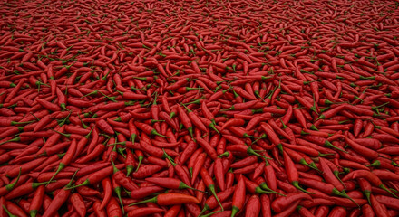 A vast expanse of vibrant red chili peppers creates a visually striking scene. The fresh peppers with green stems are densely packed, conveying a sense of abundance and spice.