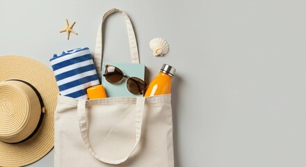Beach bag packed with summer essentials like a straw hat, towel, and sunscreen - travel preparation