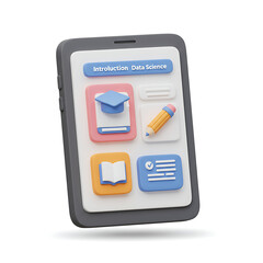 3D smartphone icon with graduation cap, toga, and pencil on an e-learning app.