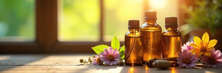 Calming Spa Scene Essential Oils, Dried Flowers, and Sunlight Streaming Through Window