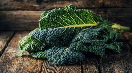 Fresh green kale leaves arranged on a rustic wooden table bathed in warm natural sunlight, showcasing organic farm freshness and vibrant textures