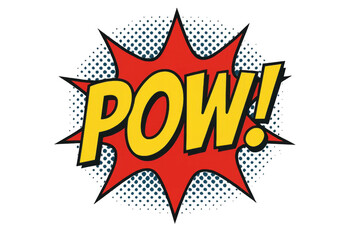 Fototapeta premium POW! comic book style explosion graphic. This vibrant pop art illustration features a dynamic sound effect with retro halftone dots and horizontal motion lines, perfect for action-packed designs.