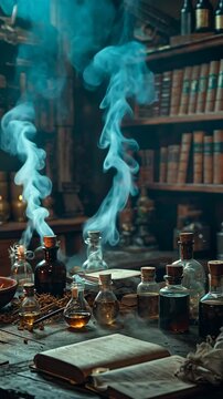 Mysterious alchemist workspace with vintage potion bottles, rising smoke, ancient books, and dim atmospheric lighting