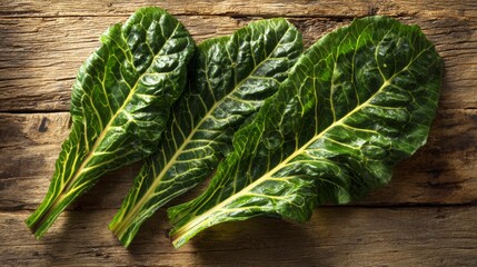 Fresh green Swiss chard leaves with prominent veins, arranged on rustic wood with sunlight highlighting their glossy texture