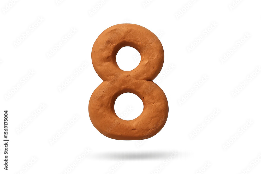 Fototapete textured number eight character rendered with a rustic, clay-like material, isolated with a soft sha