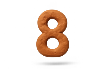 Textured number eight character rendered with a rustic, clay-like material, isolated with a soft shadow and ready for use in design projects or educational content, offering a unique visual element.