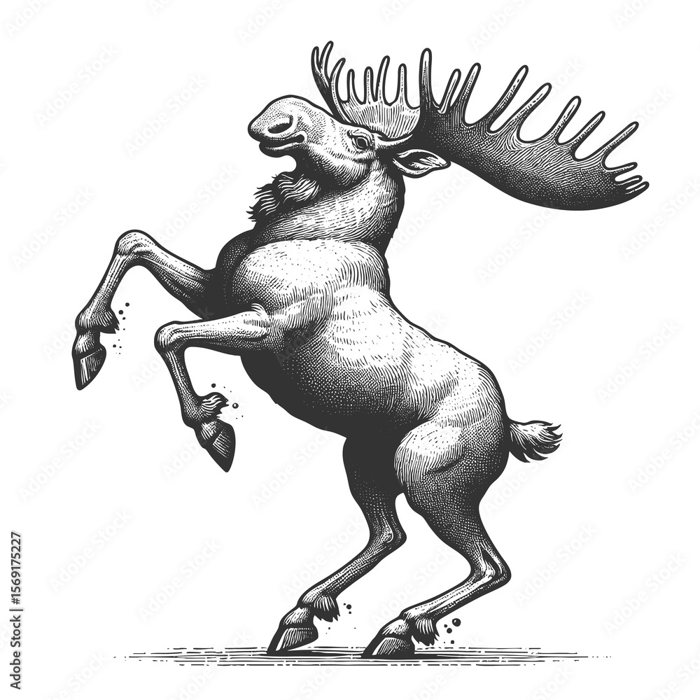 Poster rearing moose sketch engraving generative ai fictional character raster illustration. scratch board 