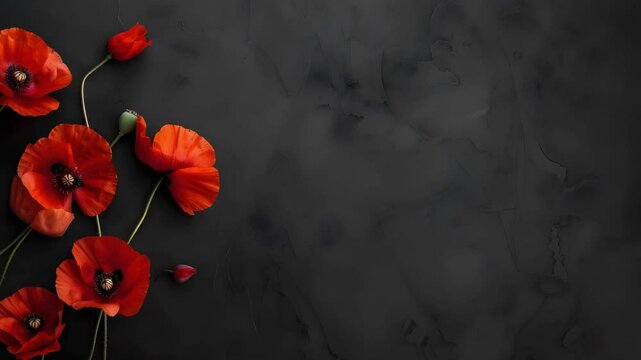 Red poppy flowers arranged artistically against a dark background, creating a striking contrast.