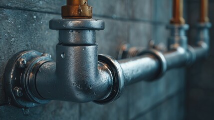 Rusty metal pipes with valves run along a dark, textured wall, highlighting the industrial and aged details. The image captures the essence of an old, utilitarian infrastructure.