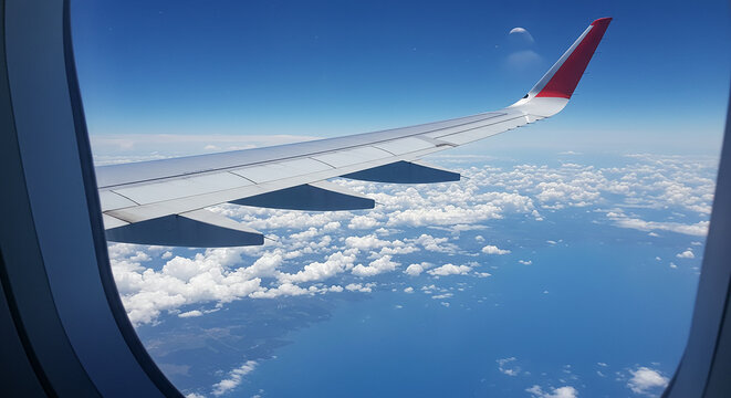 Above the Clouds Airplane Wing View from Airplane Window, Stunning Aerial Landscape