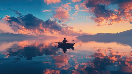 A serene figure in a small boat on a tranquil lake at sunset.