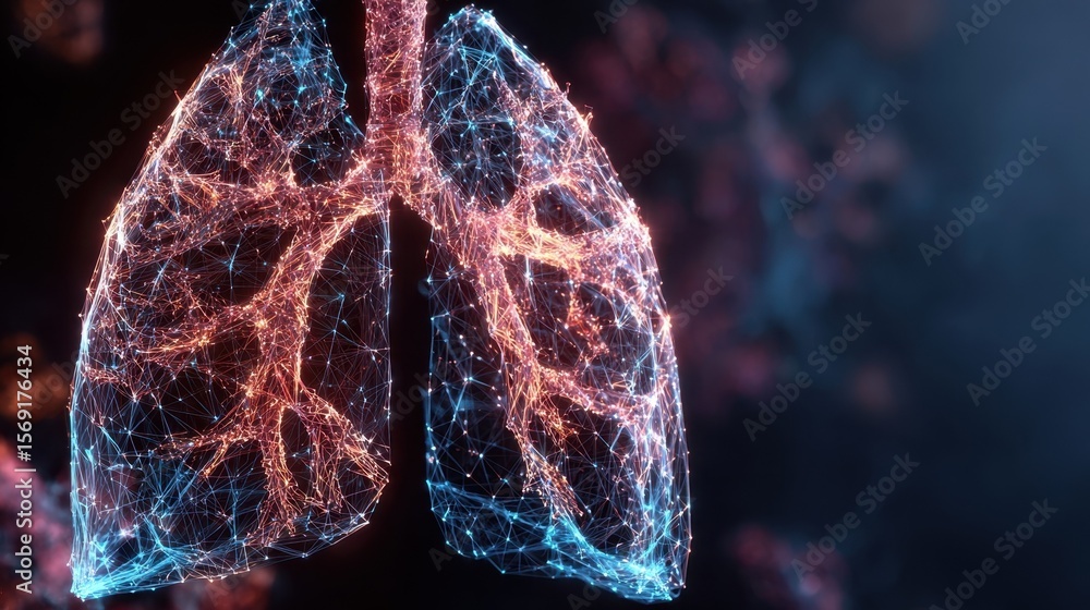 Poster artistic rendering of the human respiratory system focusing on the intricate structures of the lungs