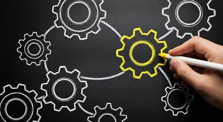 Analyzing Gears and Connections in Business Strategy, Conceptual Illustration on Black Background