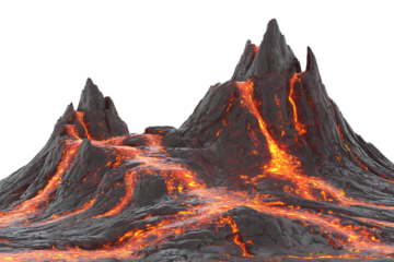 Molten lava flows down jagged volcanic peaks isolated on transparent background