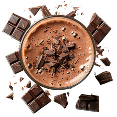 a glass with a chocolate flavoured protein. top view

