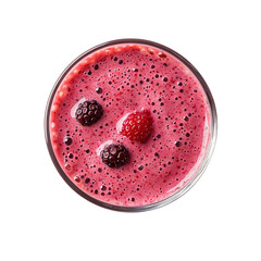 
a glass with a strawberries and black berry flavoured smoothie.top view