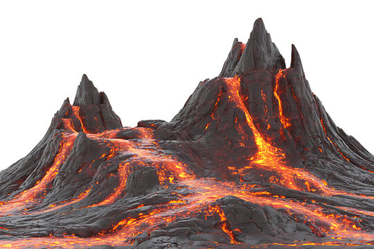 Molten lava flows down jagged volcanic peaks isolated on transparent background