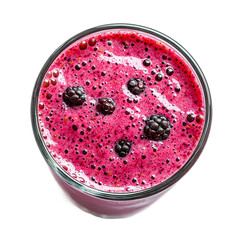 
a glass with a strawberries and black berry flavoured smoothie.top view