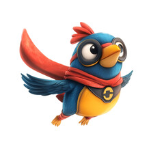 Superhero bird soars through the sky whimsical animation bright colors playful atmosphere close-up view