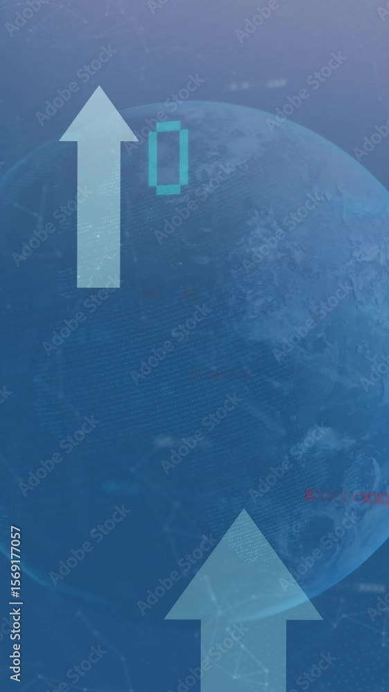 Poster animation of financial data processing and arrows over globe on blue background