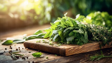 Fresh herbs and leafy greens spread over a wooden cutting board, natural sunlight casting warm tones and farm-fresh atmosphere