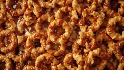 Close-up of crispy golden fried shrimp piled together, perfect for seafood menus, restaurant promotions, food blogs, summer dining, appetizing texture, warm tones, delicious snack background