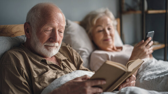 Senior couple relaxing in bed with man reading book and woman using smartphone, capturing peaceful evening routine, connection and comfort in old age.