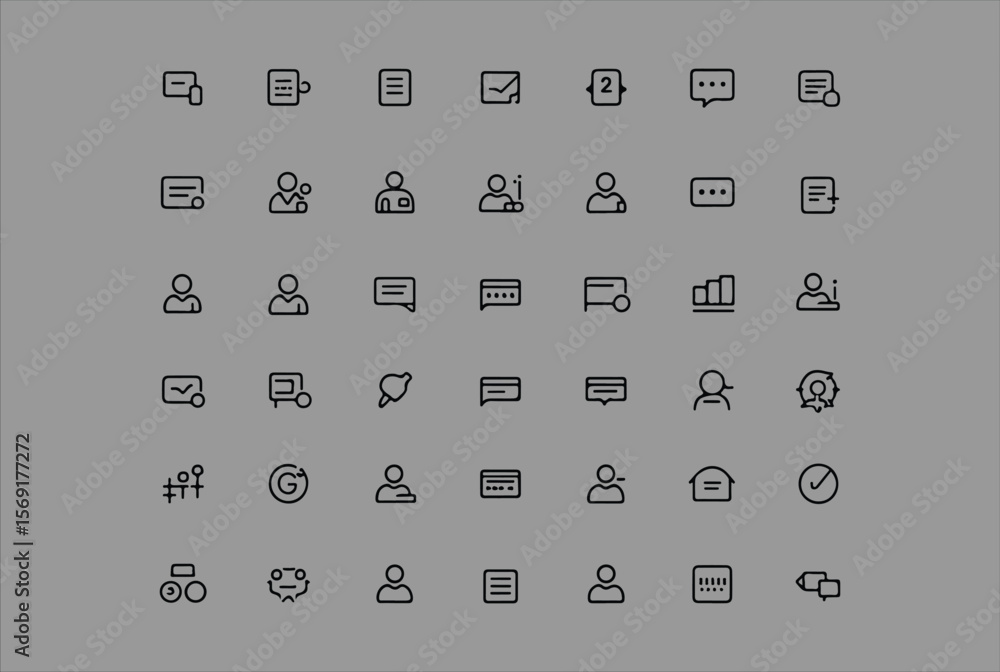Poster a collection of simple black line icons representing communication user profiles documents and tasks