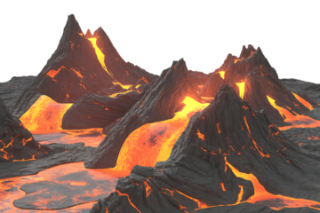 Active volcano landscape with flowing lava and molten rock isolated on transparent background