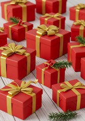 Obraz premium 빨강 골드 리본 선물 상자 따뜻한 조명 아래 아름답게 배열