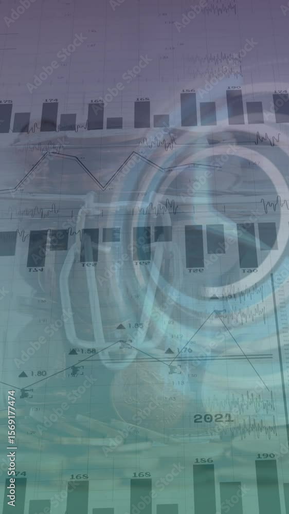 Poster animation of financial data processing and clock moving over coins on white background