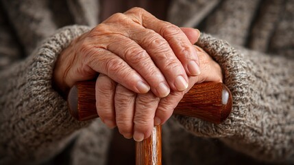 Elderly hands clasped on a walking stick - symbol of age and support