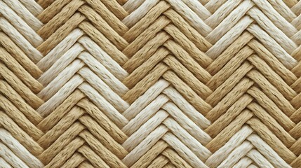 Close up view of a detailed woven herringbone pattern made from natural fiber ropes in warm beige tones