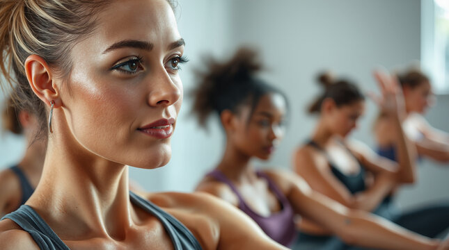 Young woman exercising in fitness class with diverse group of people doing workout training in modern gym studio