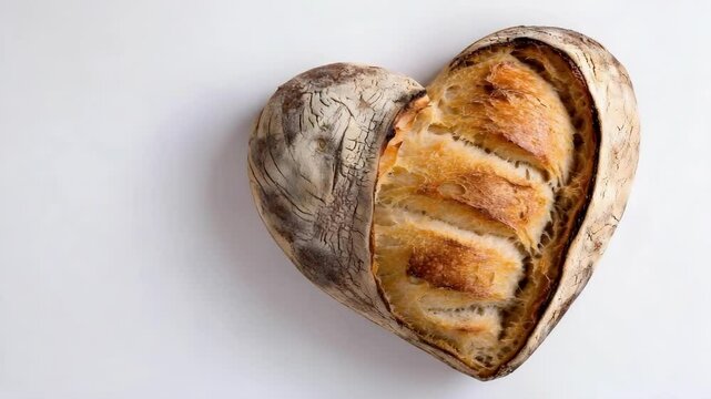 A heart-shaped loaf of bread with a golden crust and scored pattern on the top, presented on a light background.