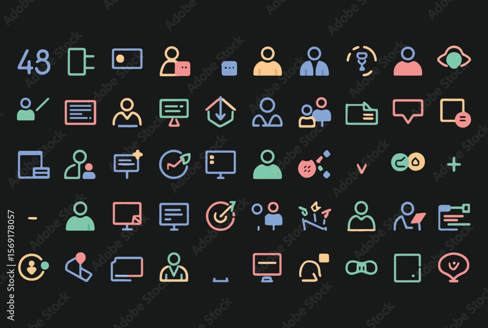 Poster collection of colorful simple and modern line icons representing various concepts like people busine