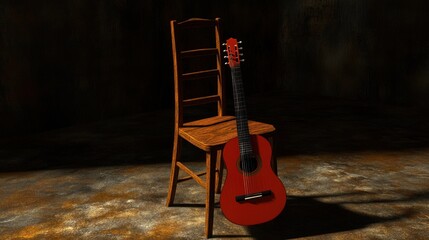 Red Guitar Leaning on Wooden Chair in Dark, Moody Lighting