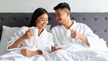 A loving couple enjoys coffee in bed, sharing a moment of intimacy and relaxation - Powered by Adobe